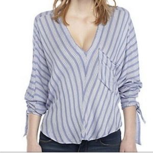 FREE PEOPLE Morning Striped Dolman Top Long Tie Sleeves V-neck Blue & Wh…